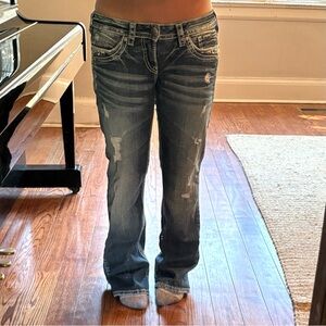 Vintage Silver Jeans Distressed Low Rise Boot Cut Embellished Jeans